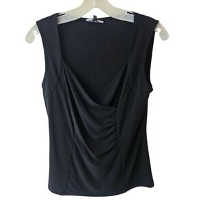 Lindor Women's Black Sleeveless Stretchy Tank Top V-Neck Ruched Front Size S